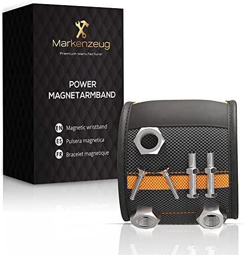 MARKENZEUG Power Magnetarmband I Handwerker Werkzeug Armband I 12 extra starke Magnete I 2 Taschen I Geschenke für Männer Herren I Handwerker Gadget I Verbessertes Konzept 2023