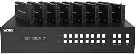 FOURKAY 8x8 4K over Cat6/7 Ethernet Matrix Switch with 8 Receivers. HDBT. 150m range. 4K -> 1080p downscaling. Audio Extraction. 2U rack mountable.