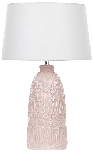 Beliani Tischlampe mit Keramikfuß in Rosa 56 cm Blumenmotiv Lampenschirm weiß Zarima