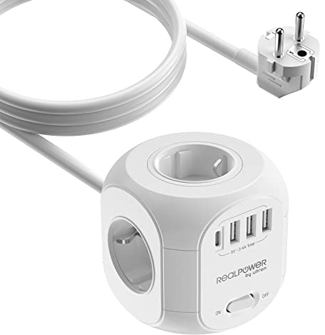 RealPower Mehrfachsteckdose mit USB, 4Fach Stecker mit 3 USB und 1 USB C, Cube Steckdosenleiste, 15 Watt Ladegerät mit Überspannungsschutz und Schalter. Für Zuhause und Büro, 1.8m Kabel - Weiß