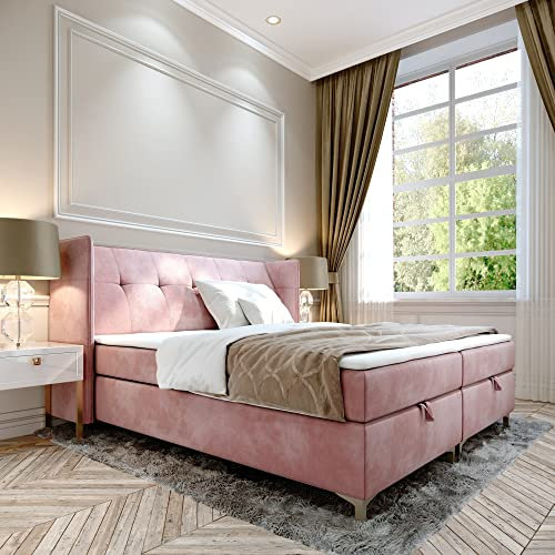 FURNISTAR Boxspringbett Doppelbett LIND - 180x200cm Bett mit Bonellmatratze, mit Bettkasten für Bettwäsche und Topper. EIN Bett mit einem klassischen, konturierten Kopfteil (Velvet 63, 180x200)