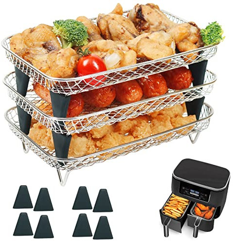 BYKITCHEN Airfryer Zubehör für Ninja Foodi Dual Zone Digitale Heißluftfritteuse [AF300EU] 7,6L & AF200EU,Stapelbare Körbe, Airfryer Racks/Gitter,AF300eu Zubehör,304 überzogener Edelstahl
