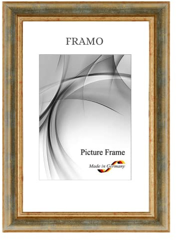 FRAMO N°49 Barock Bilderrahmen 13x18 aus Massivholz | Grau Gold Antik | Retro Vintage Antik Holzrahmen inkl. bruchsicherer Anti-Reflex Kunstglasscheibe und Metall Aufhängern