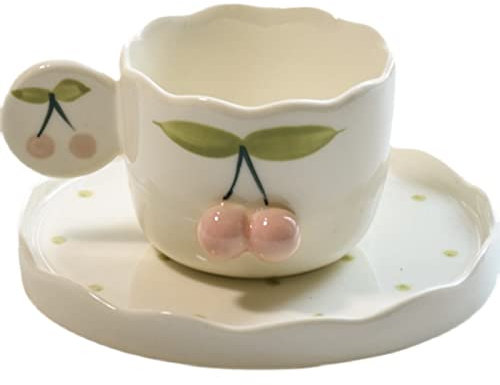 Set di tazze e piattini da caffè in ceramica Set di tazze da caffè e piattini tridimensionali in ceramica di ciliegio, piatto per tazza di succo di latte Regalo di compleanno per ufficio e casa