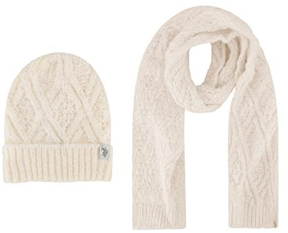 U.S. POLO ASSN. Damen and Scarf Set, Diamond Sequin Cable Knit Beanie, Elfenbein, Einheitsgröße
