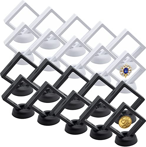 CIOUYAOS Set of 20 Coin Holder Display Case, 3D Transparent Floating Frame Display Stand Box with Base for Necklace Ring Bracelet Jewelry AA Medallion Challenge Coin Stamp(10xBlack 10xWhite 7x7x2cm)