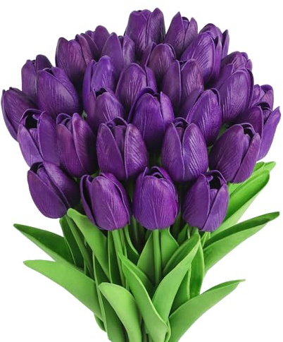 MACTING 30 PCS Artificial Tulip Flowers 13.7 Real Touch Fake PU Tulips Bouquet Faux Purple Flowers for Floral Arrangements Table Centerpiece Kitchen Home Indoor Outdoor Summer Decorations