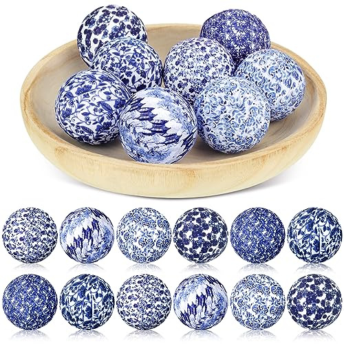 Libima 12 Pcs Blue and White Decorative Balls 2.76 Chinoiserie Balls for Centerpiece Bowls Filler Fabric Wrapped Bowl Filler Trays for Christmas Vases Tables Basket Home (Classic)