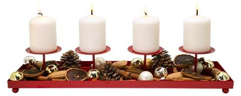 Kerzenständer für 4 Kerzen, rot, Dekoteller, Kerzenhalter, Dekotablett, Adventskranz, Kerzentablett, Metallkerzenhalter