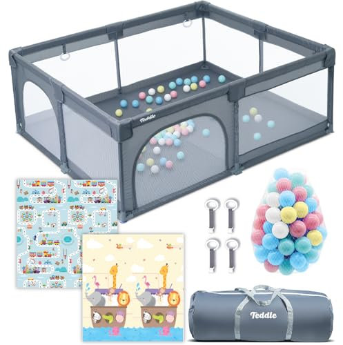 Teddle Laufstall Baby -Laufgitter Baby mit 50x Spielbälle – Playpen für Innen und Draußen (Beige 120x120cm, Inklusive Spielmatte) (Grau, 180x150cm)