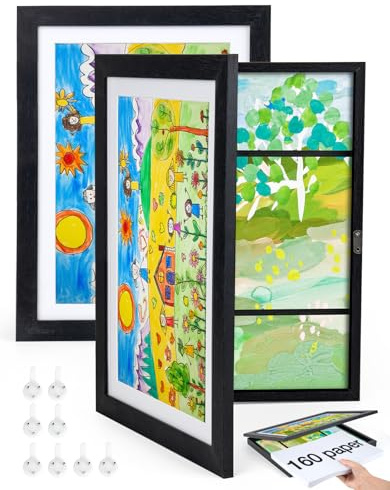 Joyshare Kinder-Bilderrahmen A4 Schwarz 2er-Set 24×33×3 cm | MDF-Holzwechselrahmen zum Austauschen von Kinderzeichnungen