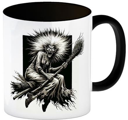 Wütende Hexe auf einem Besen Kaffeebecher in schwarz Halloween Tasse mit Magischer Zauberin im Flug Wütende Hexe nachts am Himmel Mystische Kleidung Besen