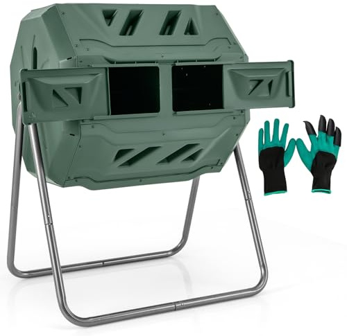 S AFSTAR Composter Tumbler Outdoor, 42-Gal Dual Chamber Tumbling Composter with 2 Sliding Doors, Metal Frame, BPA-Free Large Rotating Compost Bin Tumbler for Garden Yard Waste (Green)