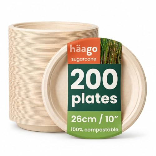 HAAGO 200 Kompostierbare Zuckerrohr Teller, 26 cm / 10 – Stabile, Fett- & Auslaufsichere Pappteller – Biologisch Abbaubare Einwegteller für Partys, Weihnachten, Hochzeiten & Geburtstage