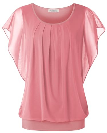 BAISHENGGT Damen Sommer Netz Bluse Flatter Kurzarm Tshirt Rundkragen Falten Elegant Oberteile Top Blusen Hellrosa L