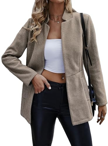 Jhsnjnr Dam öppen fram elegant kavaj långärmad ståkrage varm lång kavaj rock business tweed kostym jacka, kaki, L