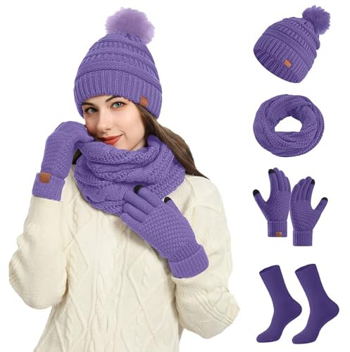 WKAYsIV Mütze Strick Damen Latzhandschuhe und 4-teiliges Set Mützen Schal Set Damen(Lila,Einheitsgröße)