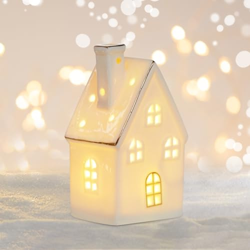 Xevinas Weihnachtsdeko Porzellanhäuser weiß, Weihnachtshaus beleuchtet Lichthaus Keramik Leuchthaus Weiß Weihnachtsdorf mit batteriebetriebenen LED-Leuchten Weihnachten (B)