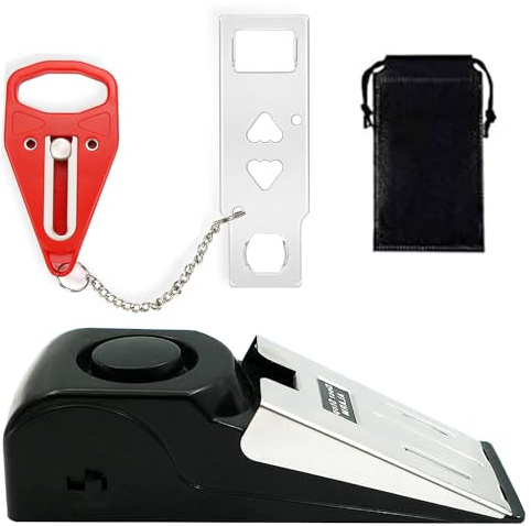LYPPUL Tope de puerta con alarma, cerradura de puerta portátil, cuña de alarma con alarma de 120 dB, tope de puerta con alarma de goma antideslizante, doble protección ajustable, kit de cuña de