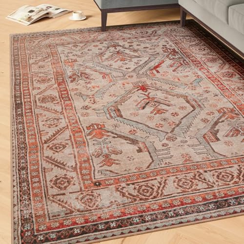 Machine Washable Vintage Terracotta Cotton Rugs Geometric Patterned Stain Resistant Liquid Repellent Living Area Bedroom Rug 200cm x 290cm (6ft 7 x 9ft 6)