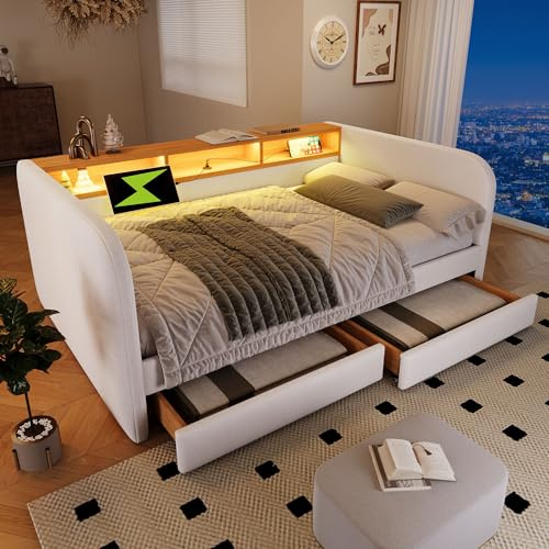 Polsterbett Tagesbett 140x190, Schlafsofa Doppelbett mit LED&USB Typ-C&2 Schubladen&Stauraum-Kopfteil, Daybett Funktionsbett Jugendbett Bettgestell Gästebett mit Lattenrost, Leinen,Ohne Matratze,Beige