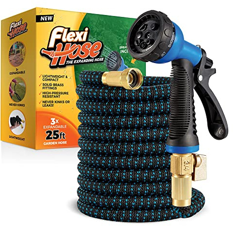 Flexi Hose Expandable Garden Hose with 8 Function Nozzle, 25FT - Lightweight Retractable Garden Hose, Water Hose - No-Kink Flexibility, 3/4 Inch Solid Brass Fittings and Double Latex Core