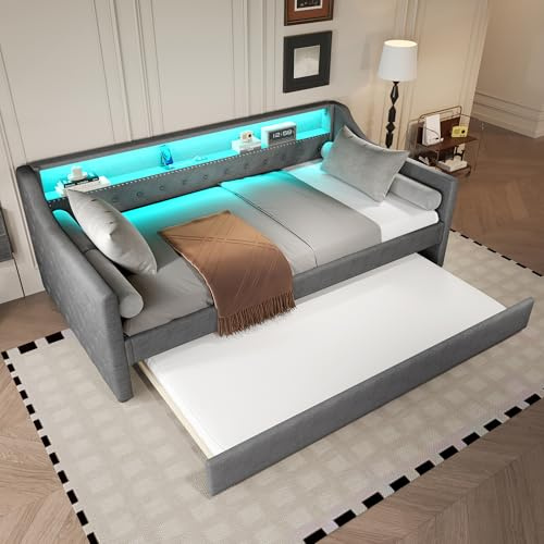 Idemon Daybett, 90 x 200cm, Schlafsofa, Tagesbett mit Lattenrost (ohne Matratze), Ambientelicht mit Fernbedienung, Bett mit ausziehbarem Bett, USB-Ladebuchse, Linen, Grau
