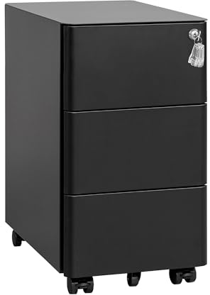 HOMSTEEL Rollcontainer, Mobiler Aktenschrank mit Schloss, Abgerundeten Ecken, 4 Schlüssel, Druckertisch, Bereits Vormontiert (Schwarz, 3 Schubladen - 54cm H)