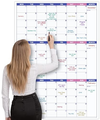 Grand calendrier mural non daté – Planificateur mural trois mois effaçable à sec réutilisable, affiche géante plastifiée, organisateur d'objectifs et de tâches pour votre maison, bureau, 101 cm x 73