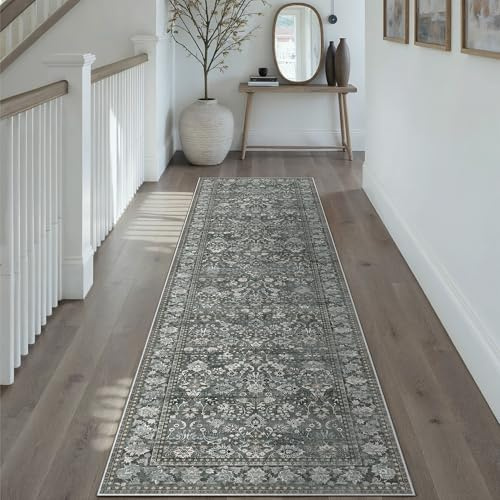 PureCozy Teppichläufer Flur 60x240 cm, Waschbarer Teppich Grau rutschfest für Wohnzimmer Schlafzimmer Balkon LäUfer KüChe Esszimmer BüRo Flach, Indoor Modern Weicher Kurzflor Carpet