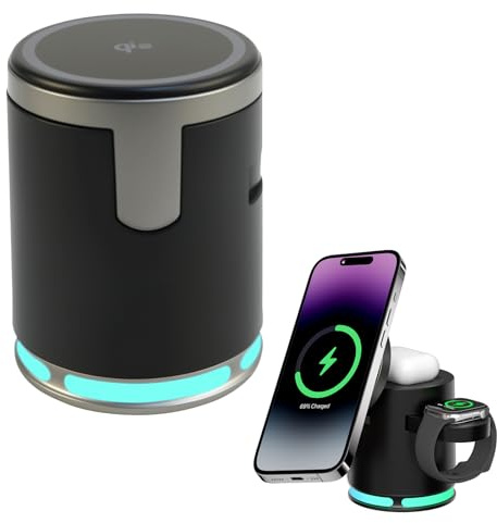 3-in-1 Wireless Charging Station, Qi2 Wireless Charger Stand for Magsafe, Magnetic Phone and Smart Watch Charger Portable, Car Phone Stand with RGB Gradient Light, Compatible with iOS 13+, AirPod