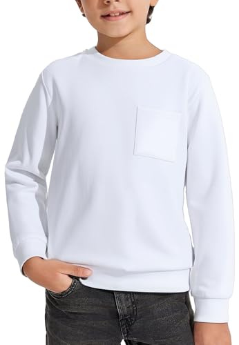 Arshiner pojkar sweatshirt fleece pullover barn rund hals långärmad skjorta unisex vintertröja med ficka barn skoluniform 5-12 år, Vitt, 11-12 år