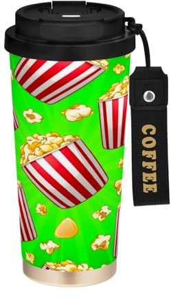 JUMBEAR Taza de viaje con aislamiento al vacío de palomitas de maíz de dibujos animados, tazas de viaje reutilizables para café, taza de café de acero inoxidable de doble pared a prueba de fugas con