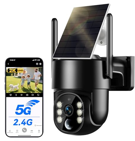 Überwachungskamera Aussen Akku Solar, 2.5K 4MP, 2.4G und 5G WLAN Kamera mit Farbnachtsicht, Akku 8000mAh, 5W Solarpanel, PIR Bewegungsmelder, IP66, 2-Wege-Audio, 360° PTZ, Kamera Überwachung außen