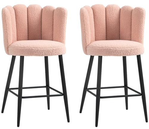 HOMCOM Lot de 2 Tabourets de Bar en Tissu Effet Laine Bouclée Acier Rose