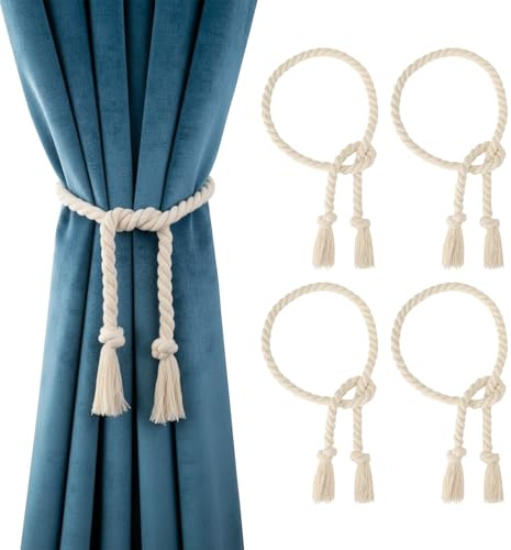 VINATO 4 Pièces Embrasse pour Rideaux, 100cm Pinces à Rideaux Corde en Coton à la Main, Boucle à Tricot Rideau Corde Style Bohème, pour Chambres à Coucher, Salons et Bureaux