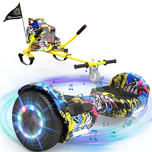 EVERCROSS 6,5″ Hoverboards mit Sitz, 4 Ah Batterie, Bluetooth, LED | Hover Board mit Hoverkart für Kinder Teenager Erwachsene, bis 15 km/h, 10–15 km Reichweite, 70–90 cm Verstellbare Kart-Länge