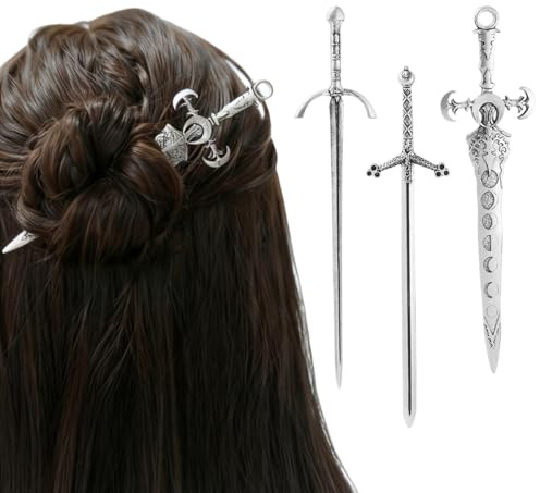 Celblisora 3-teiliges Schwert-Haarnadel-Set,Gothic- und Wikinger-Haarschmuck für Damen,mittelalterliche Haarstäbchen und Renaissance-Haarschmuck