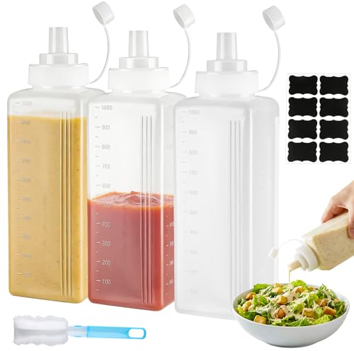 xinyids 3 Stück Quetschflasche, 1000ML Breiter Mund Plastik Squeeze Flasche mit Kappen, Etiketten & Bürste, Saucenflasche Dosierflasche Kein Leck Spender für Ketchup Scharfe Soßen Olivenöl Malen