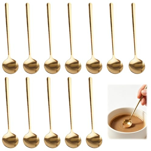 12 Piezas Cucharas de Café Dorada, 13.2 cm Cuchara Redonda Dorada de Acero Inoxidable, Moderno y Elegante, Estilo Clásico, para Azúcar, Pastel, Helado, Sopa, café, para Cocina Hogar Restaurante