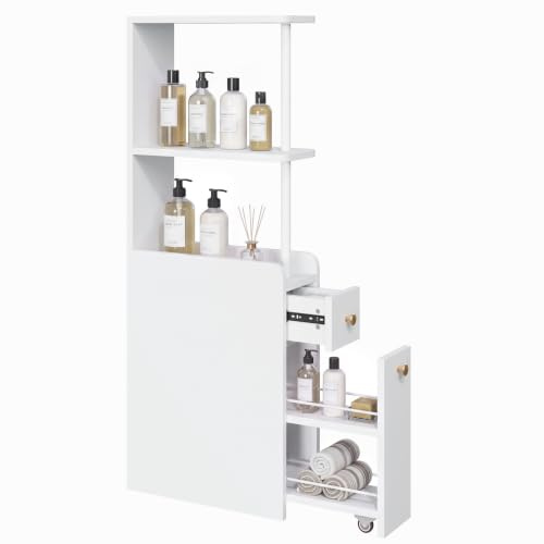 APICIZON Badschrank Schmal, Nischenschrank Badezimmer mit Schublade auf Rollen, 19x45x113 cm Badezimmerschrank mit Offenen Ablagen, Toilettenschrank für WC, Seitenschrank Mehrzweckschrank, Weiß