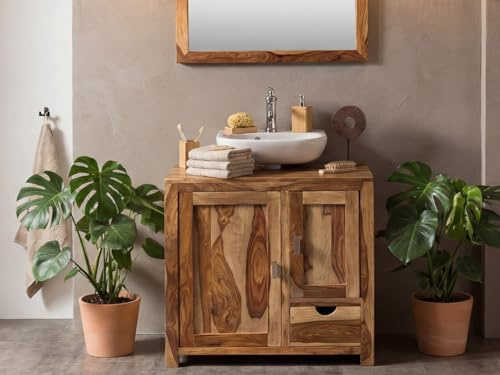 Woodkings Waschtisch Laros 80 cm aus Akazie Massivholz – Badunterschrank mit Türen und Schublade ohne Waschbecken