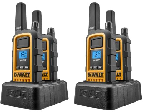 DeWALT Long Range Rechargeable Walkie Talkies, 8 Pack (4 x 2 Pack) | Rechargeable professional handheld, two way radios, PMR446 licence-free, VOX hands free, work teams, site warehouse, 4 docks