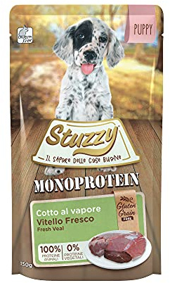 Stuzzy, Monoprotein Grain & Gluten Free, Cibo Umido per Cani Cuccioli al Gusto Vitello Fresco Preparato in Patè - Totale 1,8Kg (12 Buste da 150G)