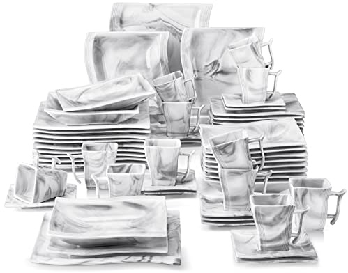 MALACASA Dinner Sets,60-Piece Square Plates Set with 12-Piece Dinner Plates/Soup Plates/Dessert Plates/Cups and Saucers,Plates and Bowls Set,Plates Set for 6,Marble Grey,Series Flora