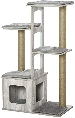 PawHut Arbre à Chats Design Contemporain griffoirs grattoirs sisal Naturel Niche Plate-Formes 6 Coussins MDF Bois Gris