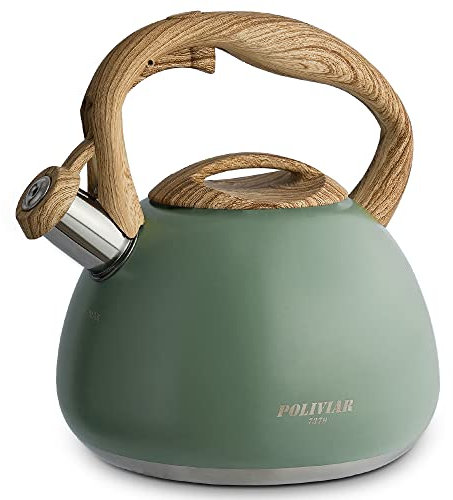 Poliviar JX2020-SB30-DE - Bollitore a fischio, in acciaio inox, per tutti i piani cottura, con manico in legno per tè e caffè, max. 3 l, verde flatland