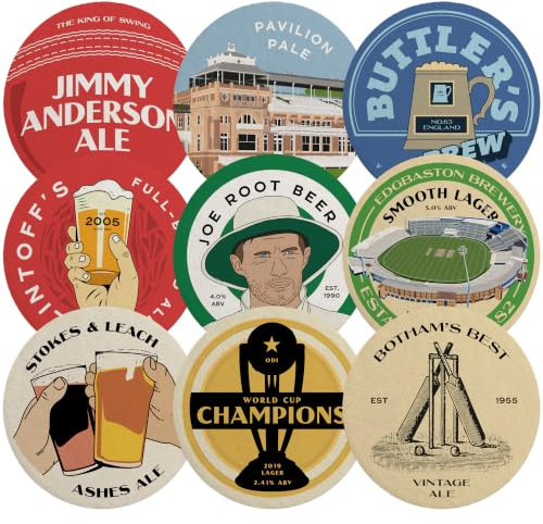 Boot & Ball England Cricket Beer Mats, Set of 9 Coasters, Cricket Fan Gift