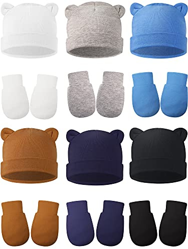 Geyoga 12 Pieces Newborn Hat Mittens Gloves Set Baby Boys Girls Cotton Baby Beanie for 0-12 Months