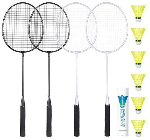 AboveGenius Racchette da badminton Set di 4 Racchette da Badminton per giochi all'aperto, incluse 4 Racchette, 6 Volani in Nylon Badminton, Racchette leggere per principianti